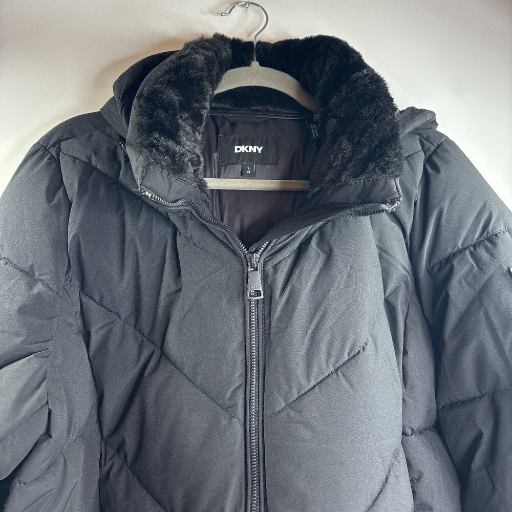 DKNY Women's Long Puffer Jacket Faux Fur Collar Removable Hood Size L Black NWT - Picture 8 of 15